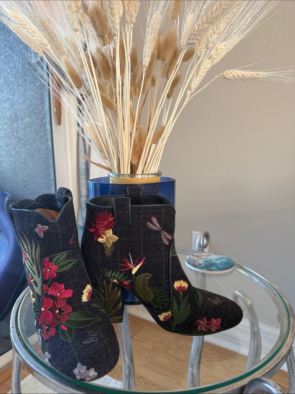 Laurence Decade denim Floral Embroidered Boot Décor